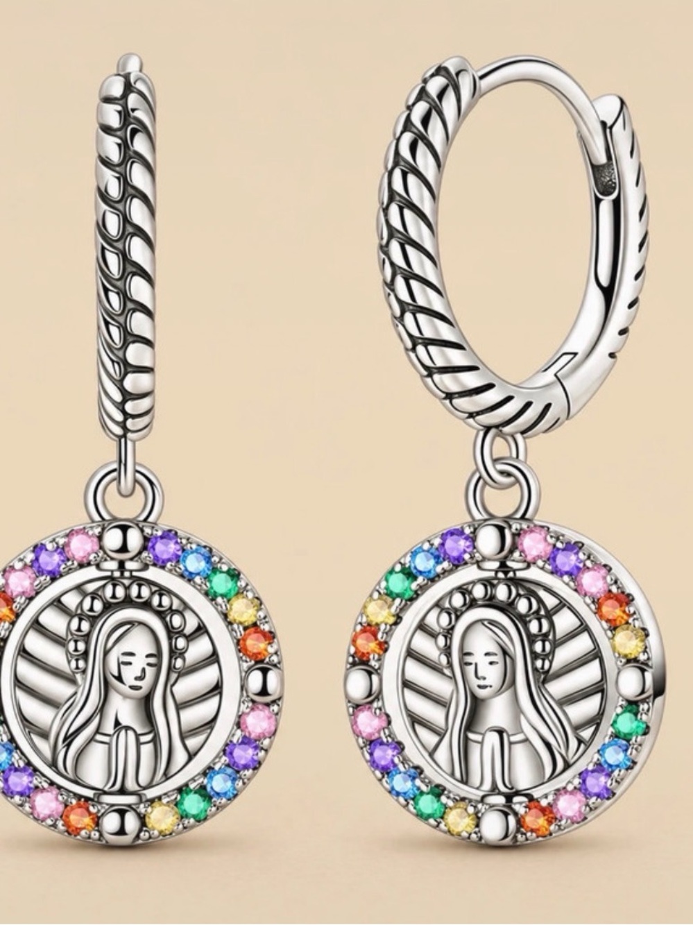 Sterling Silver Rainbow Halo Madonna Drop Earrings